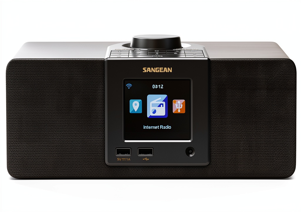 Sangean Walnut Internet Radio on a wooden desk