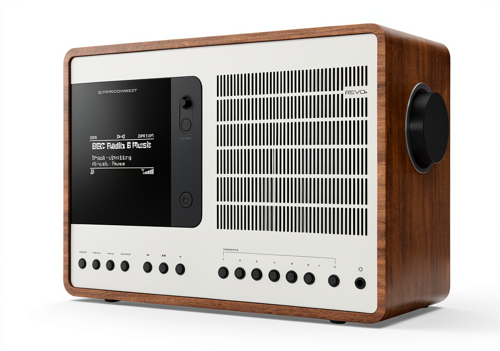 Revo SuperConnect Walnut internet radio on a wooden desk