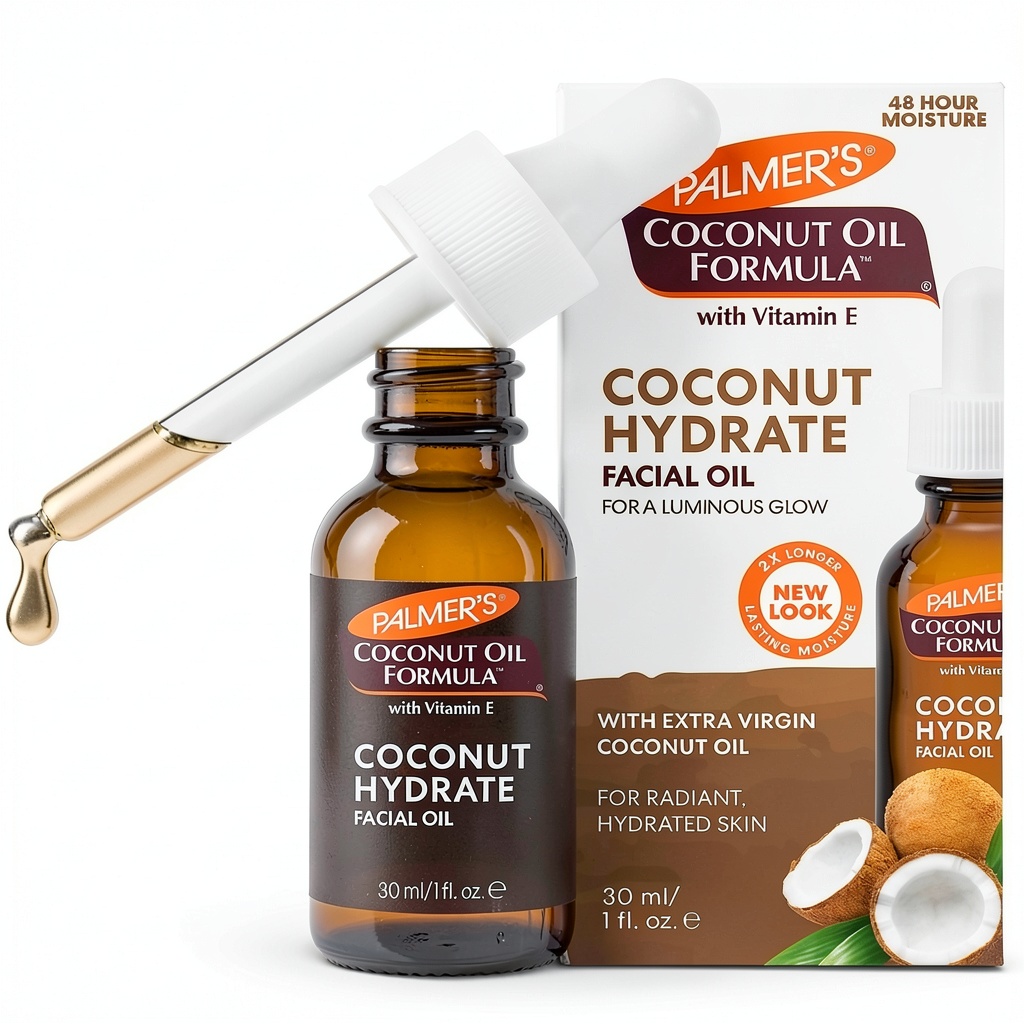 Palmer's Coconut Monoï Facial Oil bottle on a marble vanity