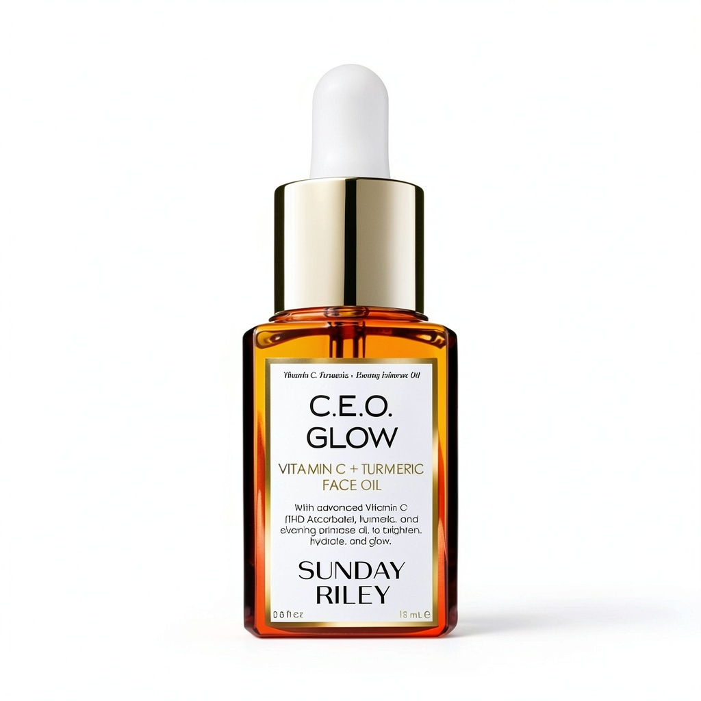 Sunday Riley facial oil bottle on a marble vanity